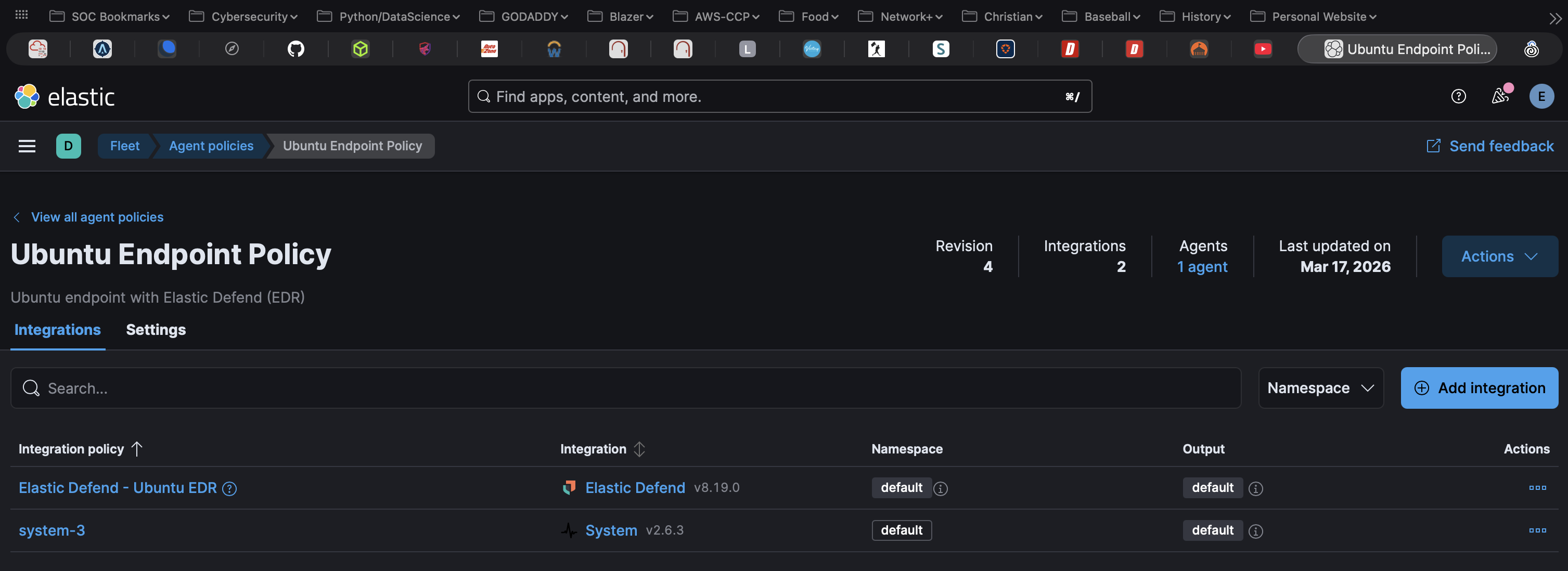 Kibana Fleet Agent policy with Elastic Defend and System integrations