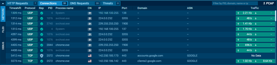 Connections view in Any.run networking tab