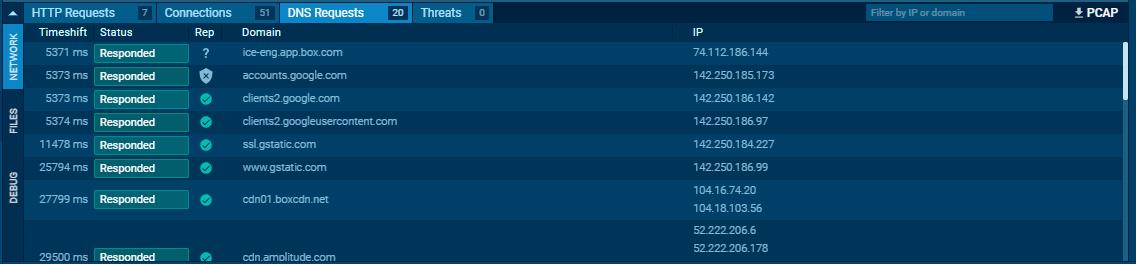 DNS Requests view in Any.run networking tab