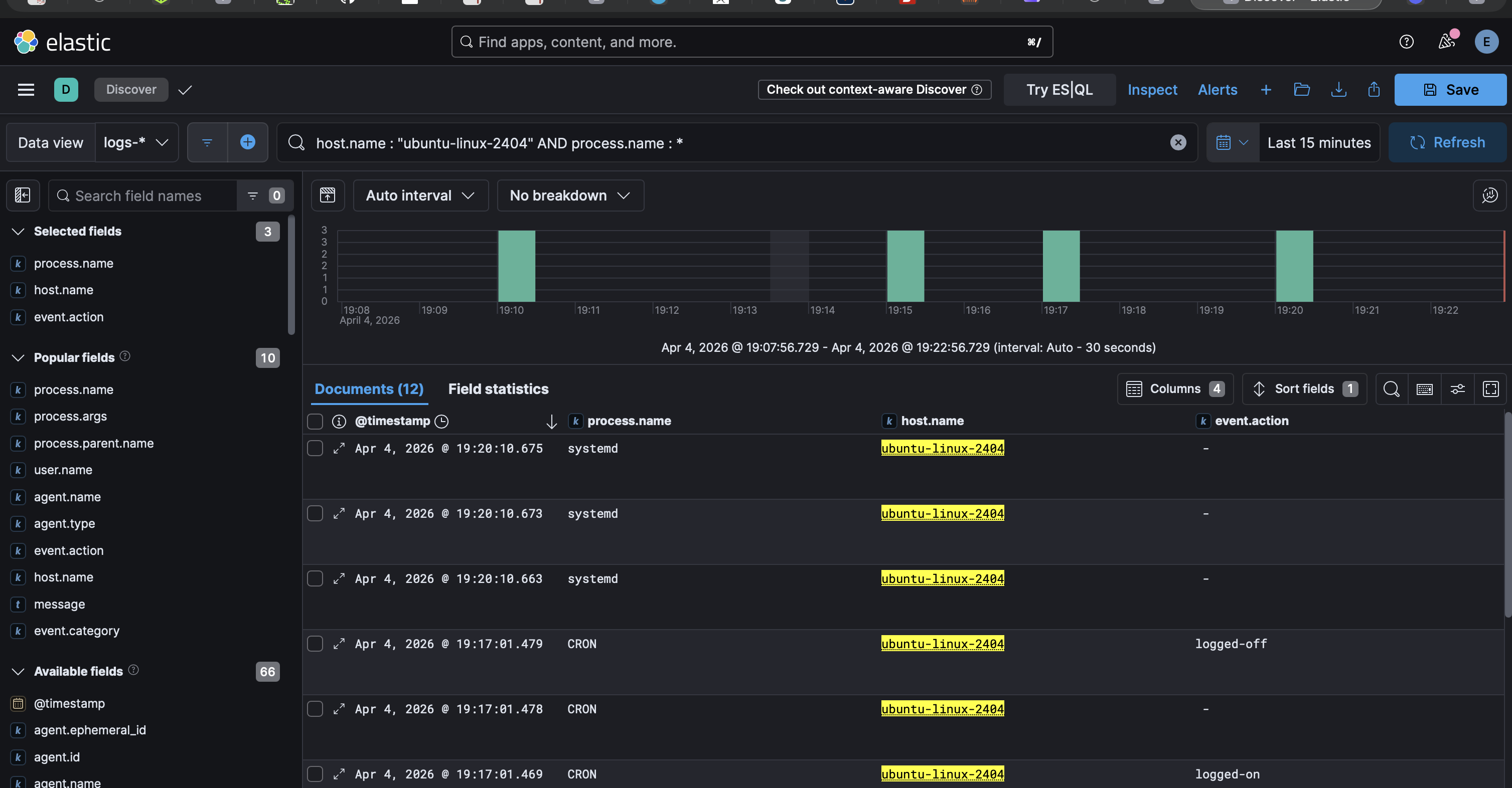 Kibana Discover baseline process activity view on ubuntu-linux-2404